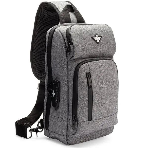 The Erozul Equinox Smell Proof Sling Bag features a grey design with black zippers, front and side pockets, carbon lining for odor protection, an adjustable strap, and a combination lock.